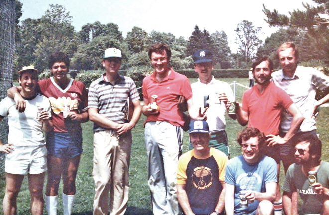 Figure 24: Neuroscience Residents v Staff Neurologists Softball Tournament,
Western University 1983. Left to right standing. Peter Gates, Lee Voulters,
George Ebers, John Noseworthy, Greg Cairncross, JF Lemieux, Michael Farrell. On
ground, not identified at this time, Rick McLachlan and Jon Stoessl